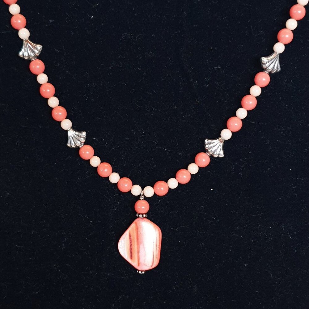 Vintage Genuine Salmon & Angel Skin Coral Sterling Silver Bead Necklace